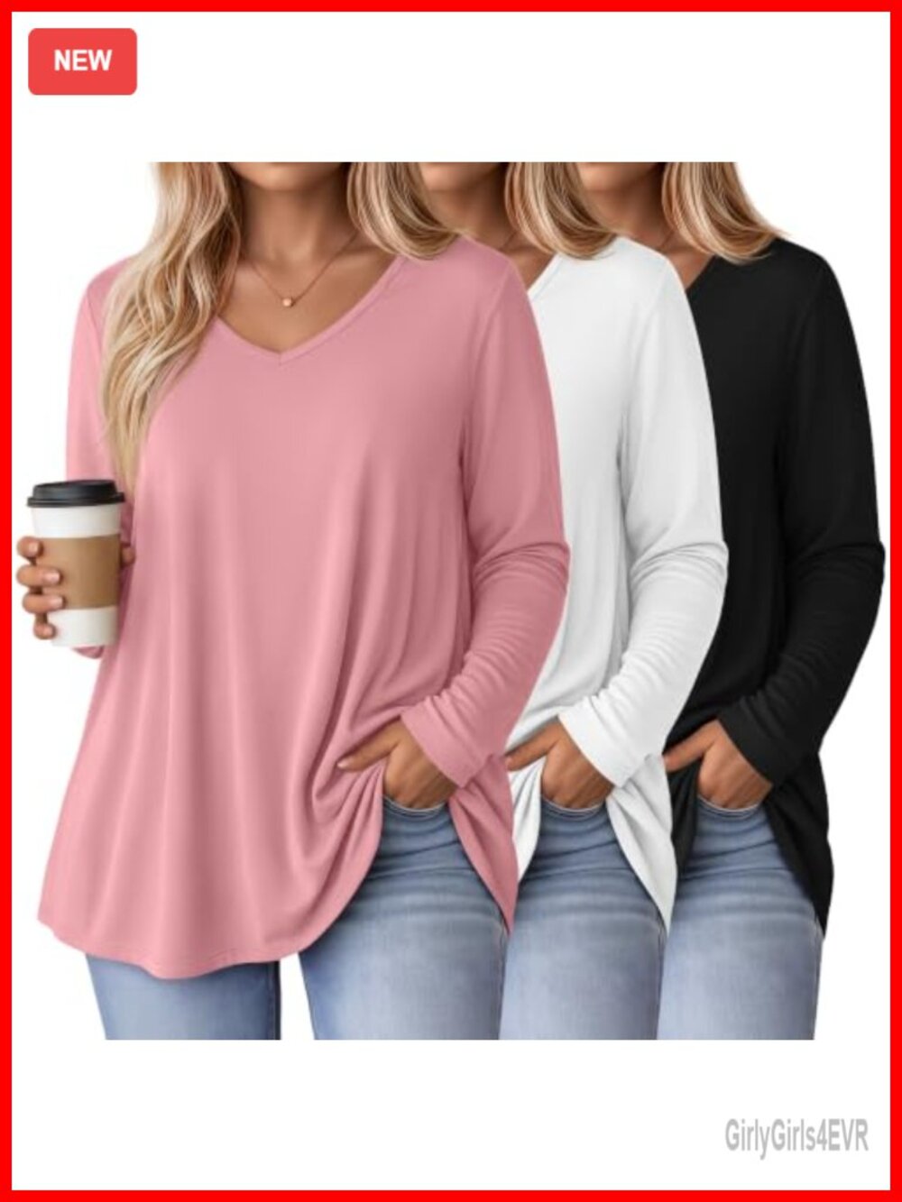 Plus Size Tunic Tops Long Sleeve V Neck Tee Shirt 3 Pack